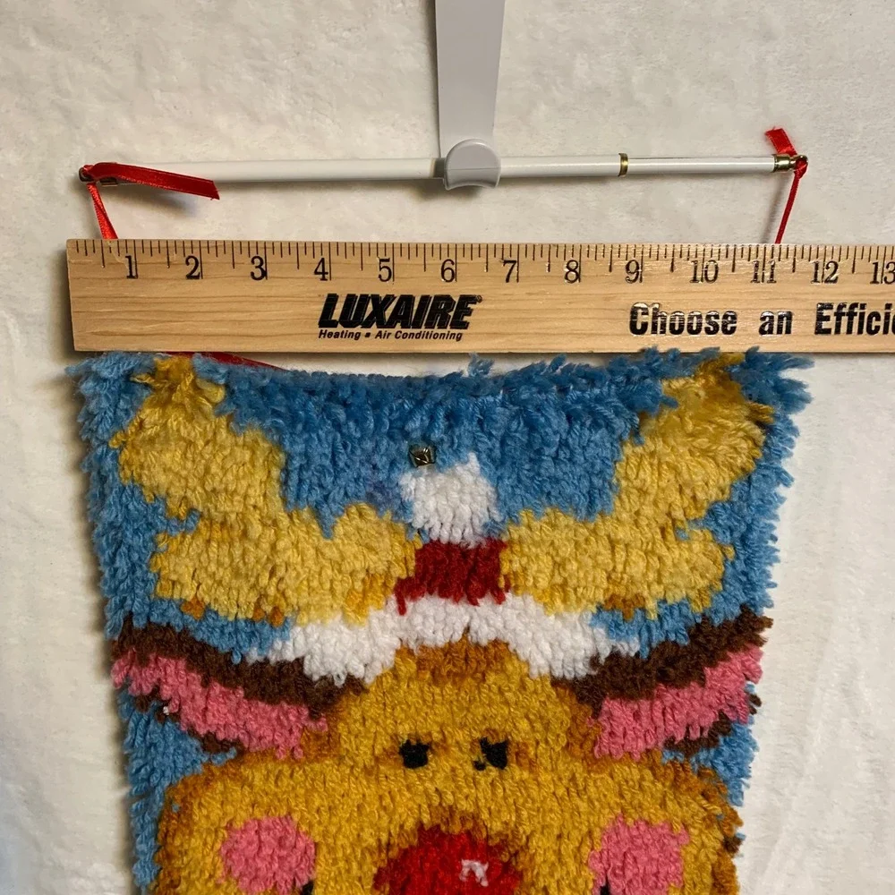 Vintage‎ Latch Hook Rug Reindeer Christmas Wall Hanging Jingle Bells 35x12 Decor
